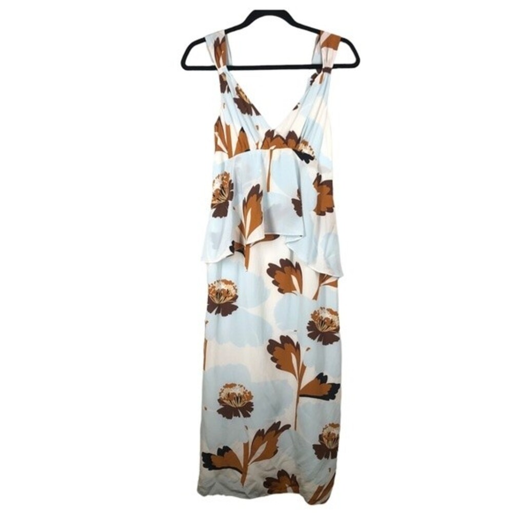 Anthropologie Postmark Pamela Silk Floral Dress Peplum Blue Brown 4 Petite